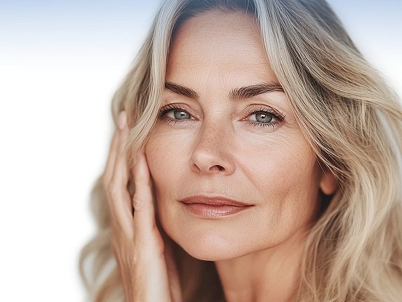 Nahaufnahme einer Frau mit gewelltem blondem Haar, die sanft ihr Gesicht berührt und vor einem weichen, hellen Hintergrund gelassen aussieht.